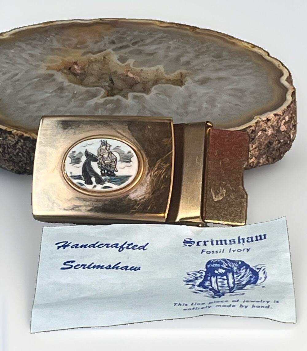 Handmade Fossil Scrimshaw Nautical Whaling Ship/ Whale Brass Belt Buckle